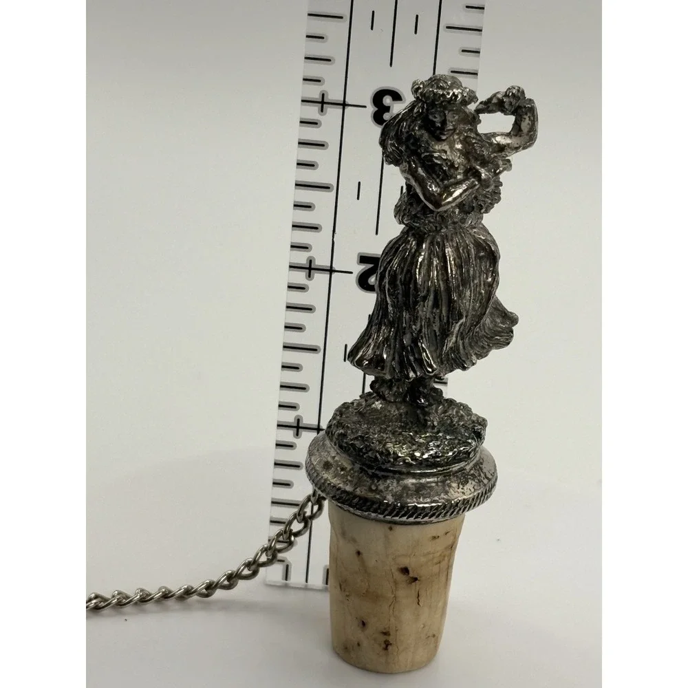Vintage/Retro Metal & Cork Hula Girl Bottle Stopper w/ Chain Silver Beige